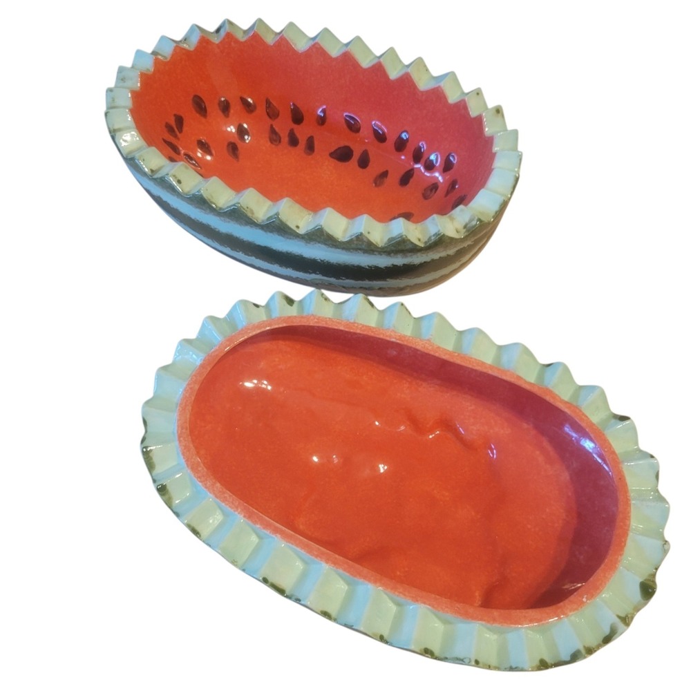 Vintage Handmade/Painted Ceramic Large Watermelon W‎ Matching Lid Serving Bowl/s